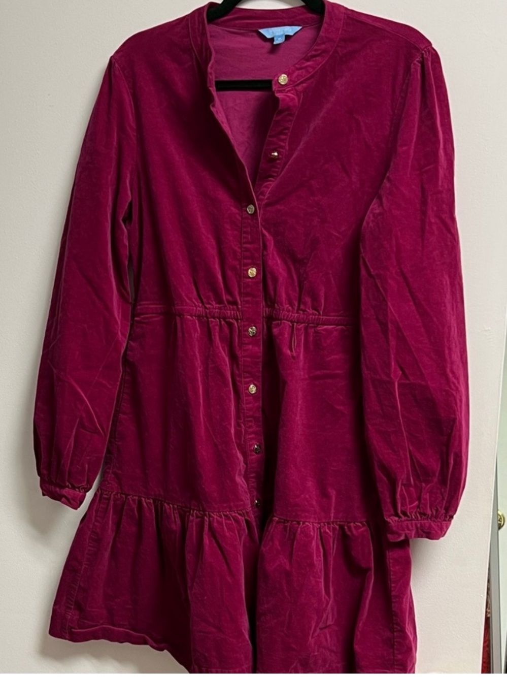 Draper James Vibrant Orchid Pink Corduroy Tiered Long Sleeve Dress Medium